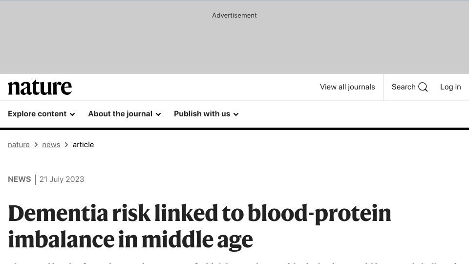 Screenshot of nature.com: Dementia risk linked to blood-protein imbalance in middle age