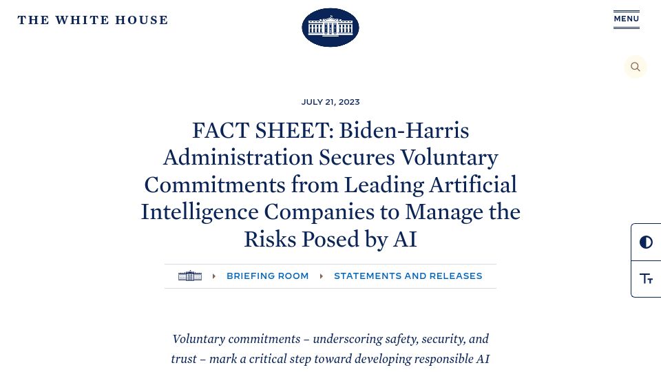 Screenshot of whitehouse.gov: White House Secures Commitments from Leading AI Companies to Manage AI Risks