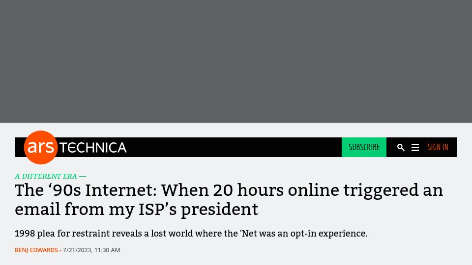 Screenshot of arstechnica.com: 90s Internet: When 20 hours online triggered an email from my ISP’s president