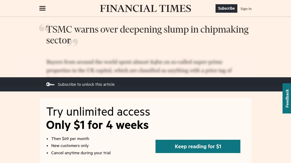 Screenshot of ft.com: TSMC warns over deepening slump in chipmaking sector