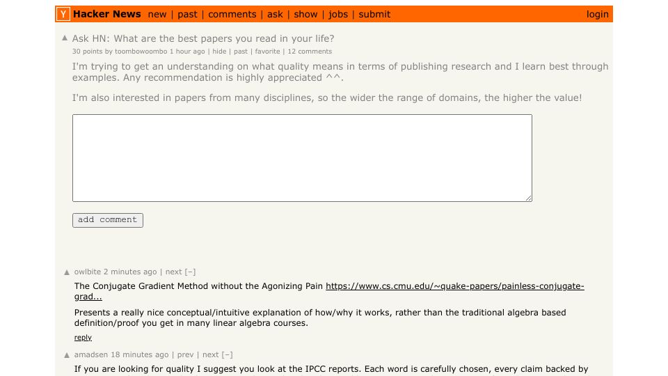 Screenshot of Hacker News post: Ask HN: What are the best papers you read in your life?