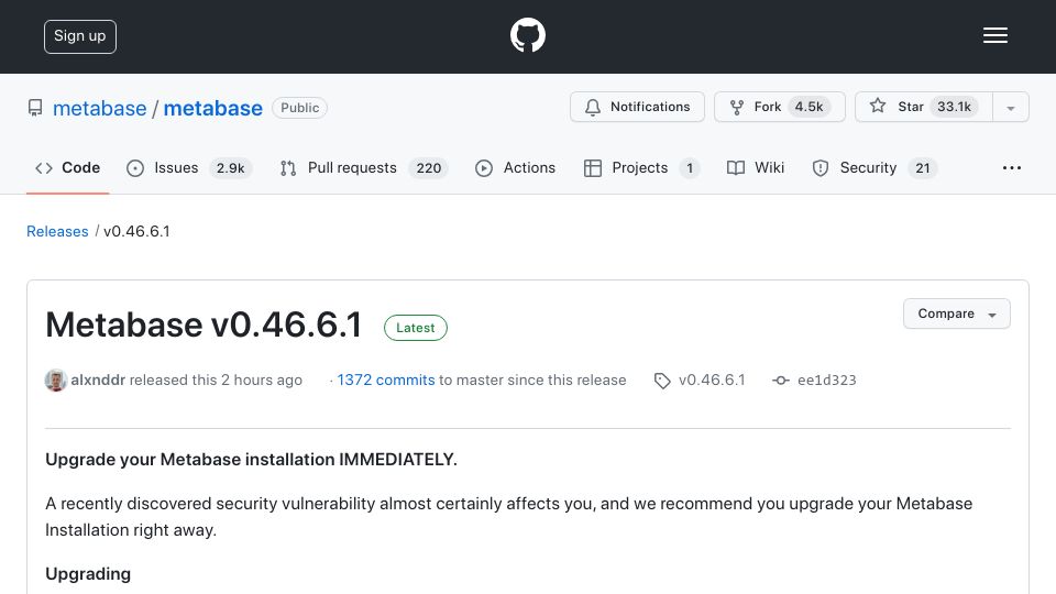Screenshot of github.com: Tell HN: Upgrade your Metabase installation