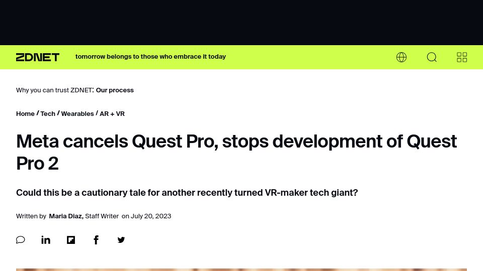 Screenshot of zdnet.com: Meta stops ordering new parts for Quest Pro