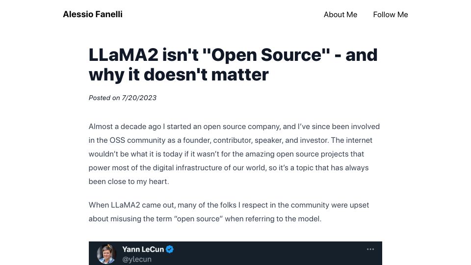 Screenshot of alessiofanelli.com: In the LLM space, "open source" is being used to mean "downloadable weights"