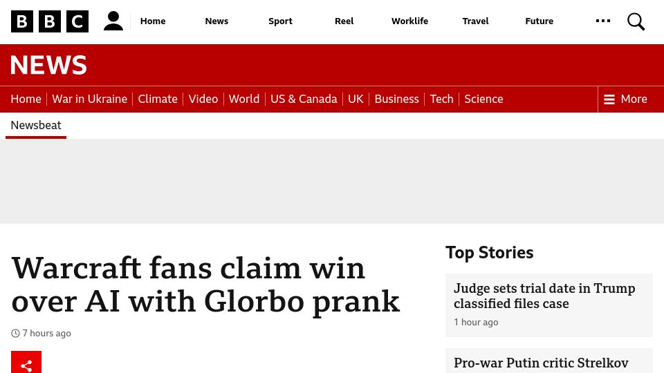 Screenshot of bbc.com: Warcraft fans trick AI article bot with Glorbo hoax