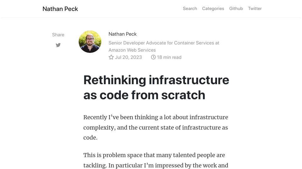 Screenshot of nathanpeck.com: Rethinking Infrastructure as Code from Scratch