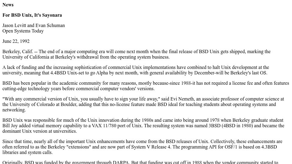 Screenshot of tech-insider.org: For BSD Unix, It's Sayonara (1992)