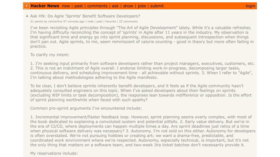 Screenshot of Hacker News post: Ask HN: Do Agile 'Sprints' Benefit Software Developers?
