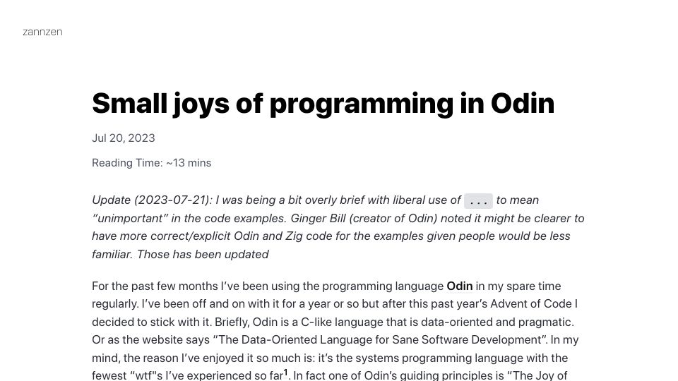 Screenshot of zannzen.com: Small joys of programming in Odin
