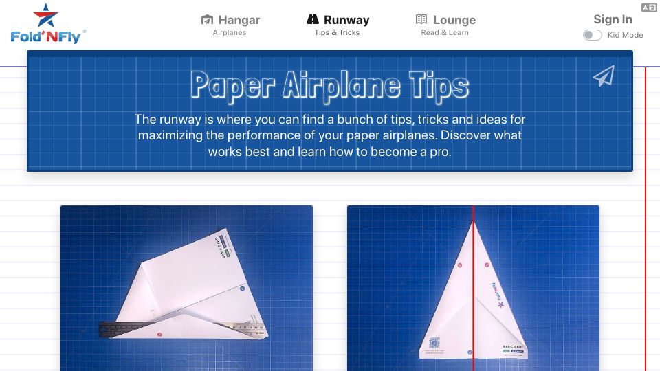 Screenshot of foldnfly.com: Paper airplane ideas and tips