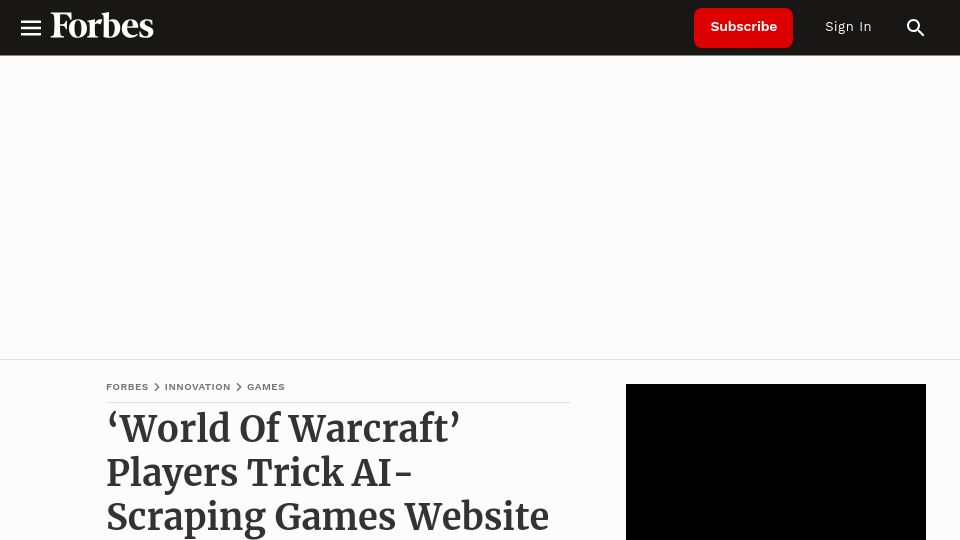Screenshot of forbes.com: ‘World of Warcraft’ players trick AI-scraping website into publishing nonsense