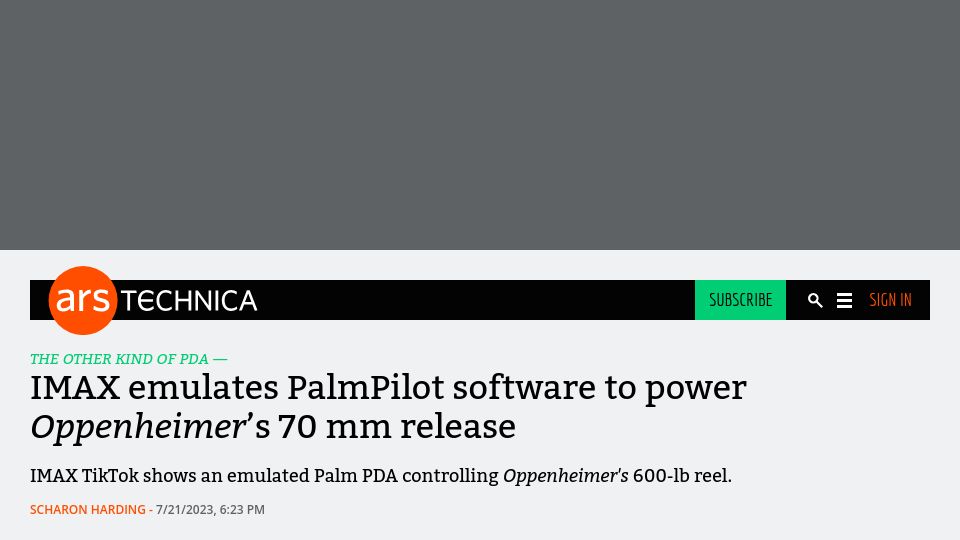 Screenshot of arstechnica.com: IMAX emulates PalmPilot software to power Oppenheimer’s 70 mm release