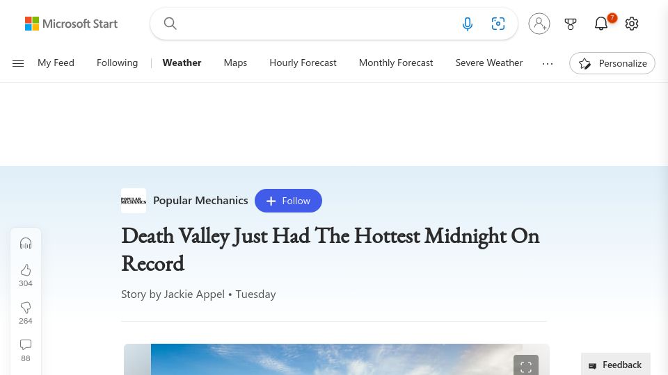 Screenshot of msn.com: Death Valley Just Had the Hottest Midnight on Record