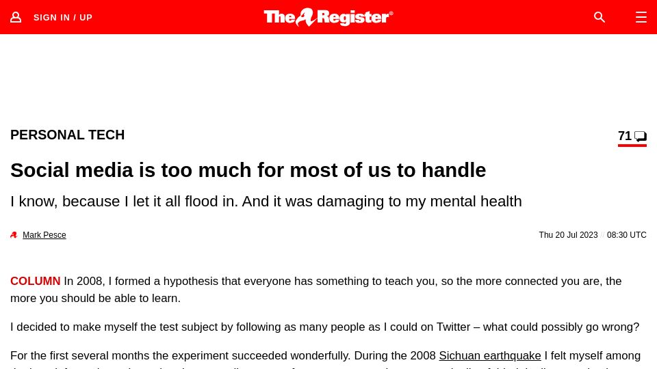 Screenshot of theregister.com: Social media is too much for most of us to handle