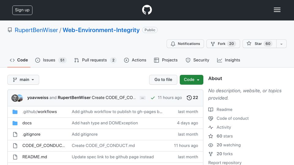Screenshot of github.com: Web Environment Integrity API Proposal