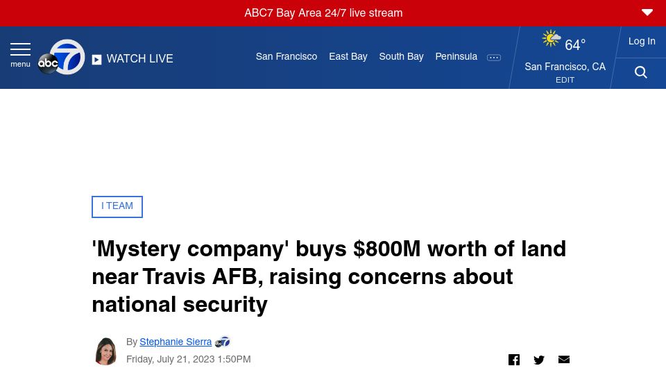Screenshot of abc7news.com: 'Mystery company' buys land worth $800M near Travis AFB, raising concerns