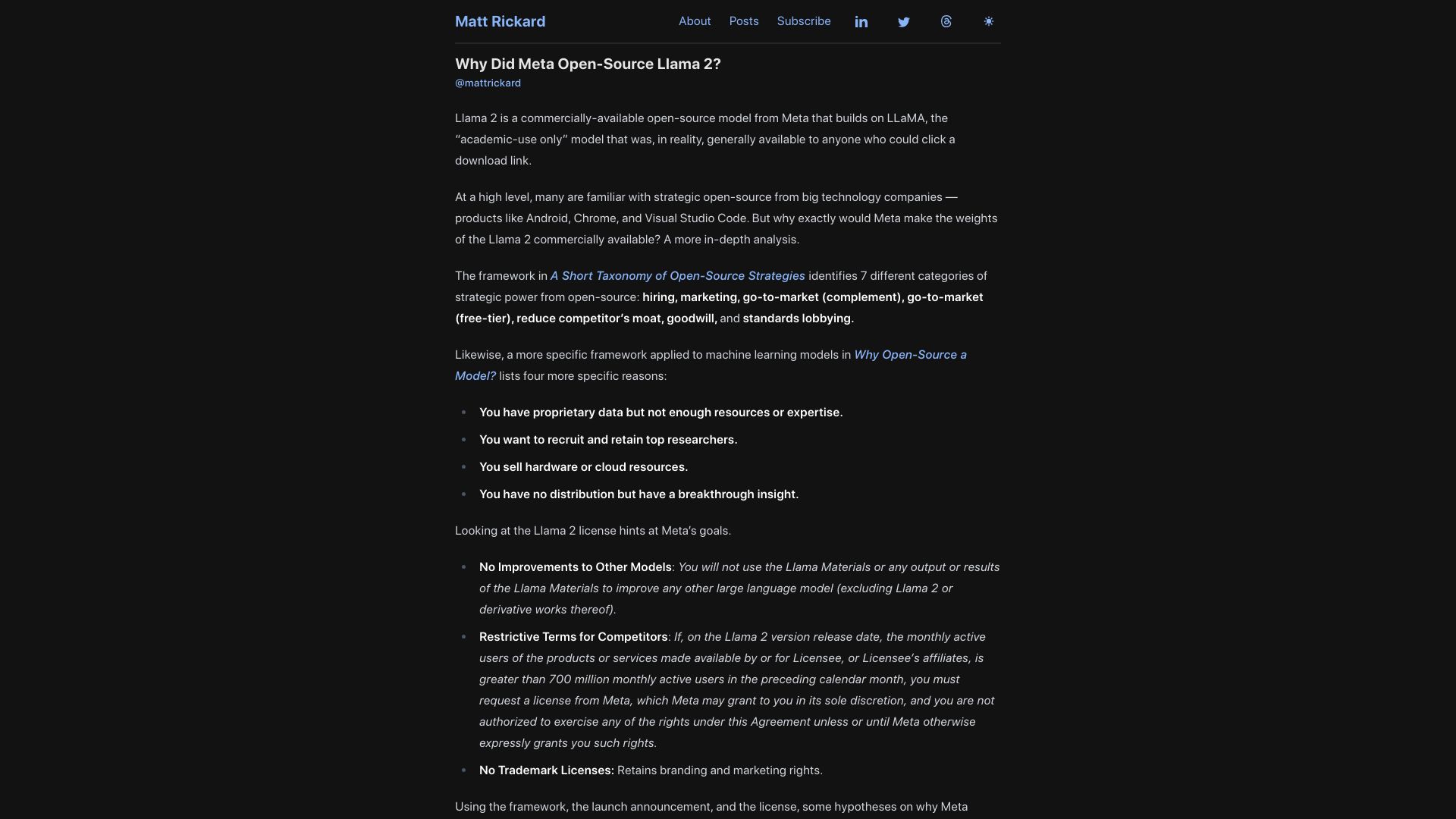 Screenshot of matt-rickard.com: Why did Meta open-source Llama 2?