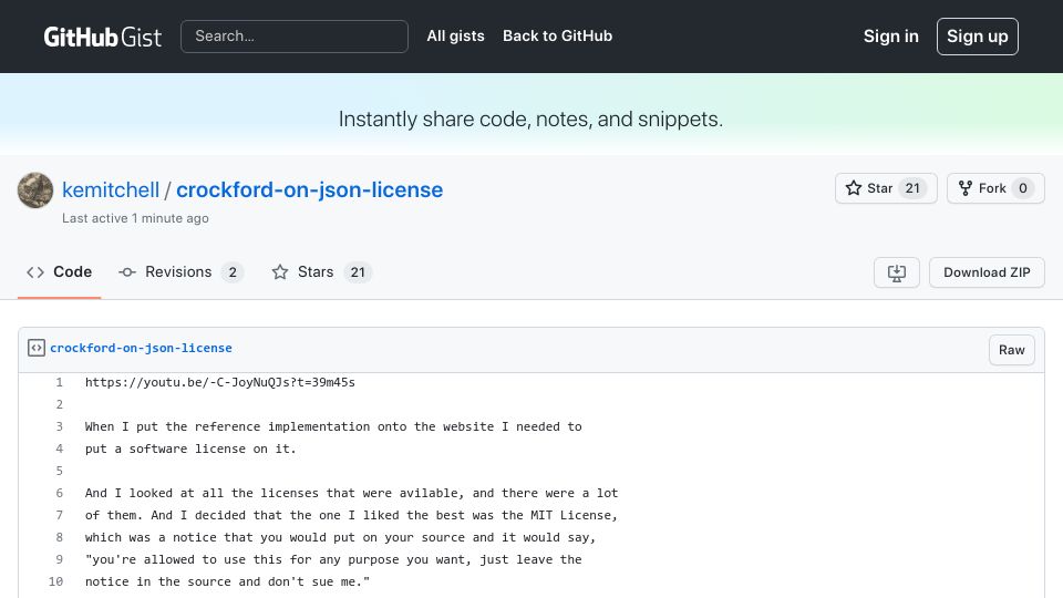 Screenshot of gist.github.com: Crockford on JSON license (2011)
