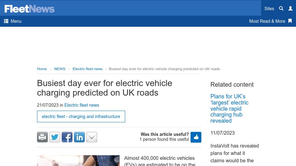 Screenshot of fleetnews.co.uk: Busiest day ever for electric vehicle charging predicted on UK roads