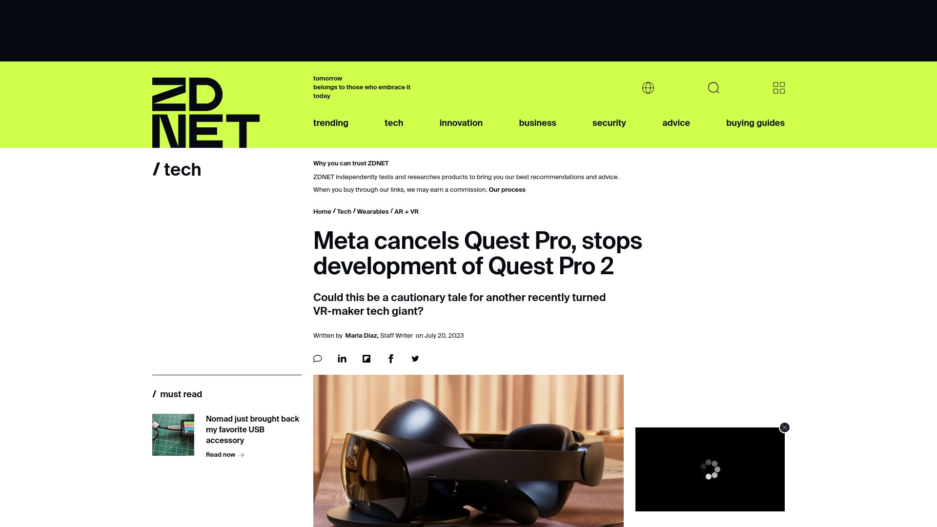 Screenshot of zdnet.com: Meta stops ordering new parts for Quest Pro
