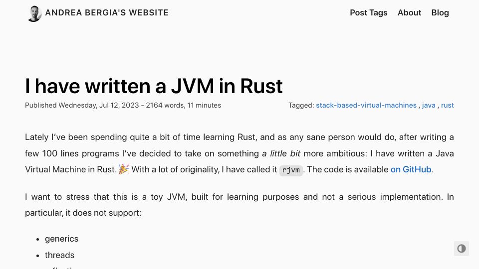 Screenshot of andreabergia.com: I have written a JVM in Rust