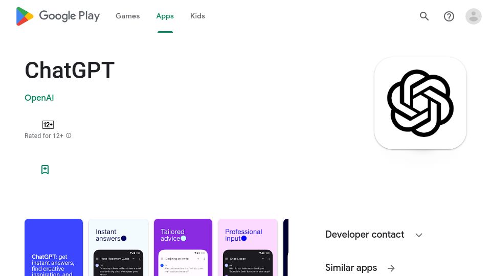 Screenshot of play.google.com: OpenAI announces ChatGPT for Android