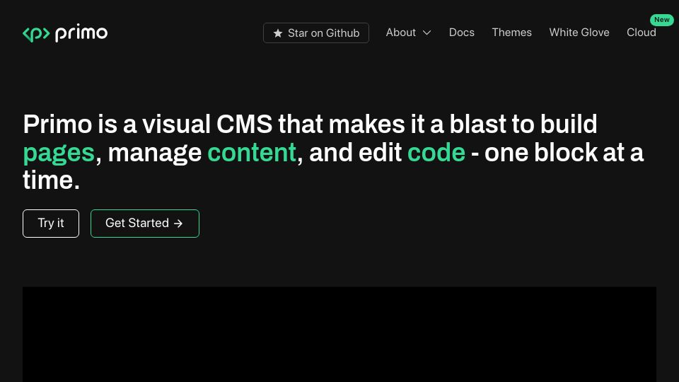 Screenshot of primocms.org: Show HN: Primo – a visual CMS with Svelte blocks, a code editor, and SSG