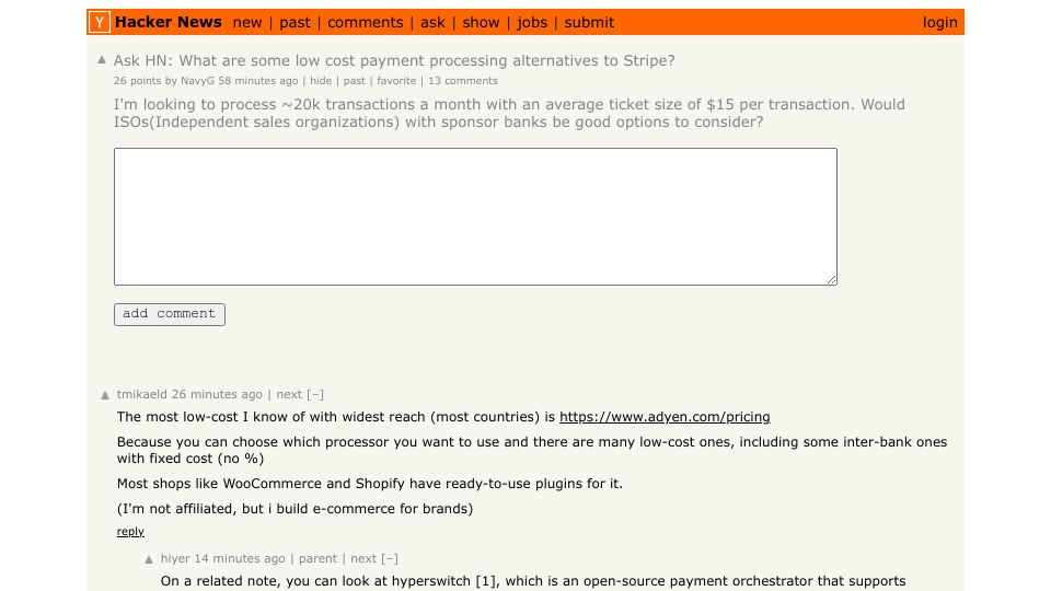 Screenshot of Hacker News post: Ask HN: What are some low cost payment processing alternatives to Stripe?