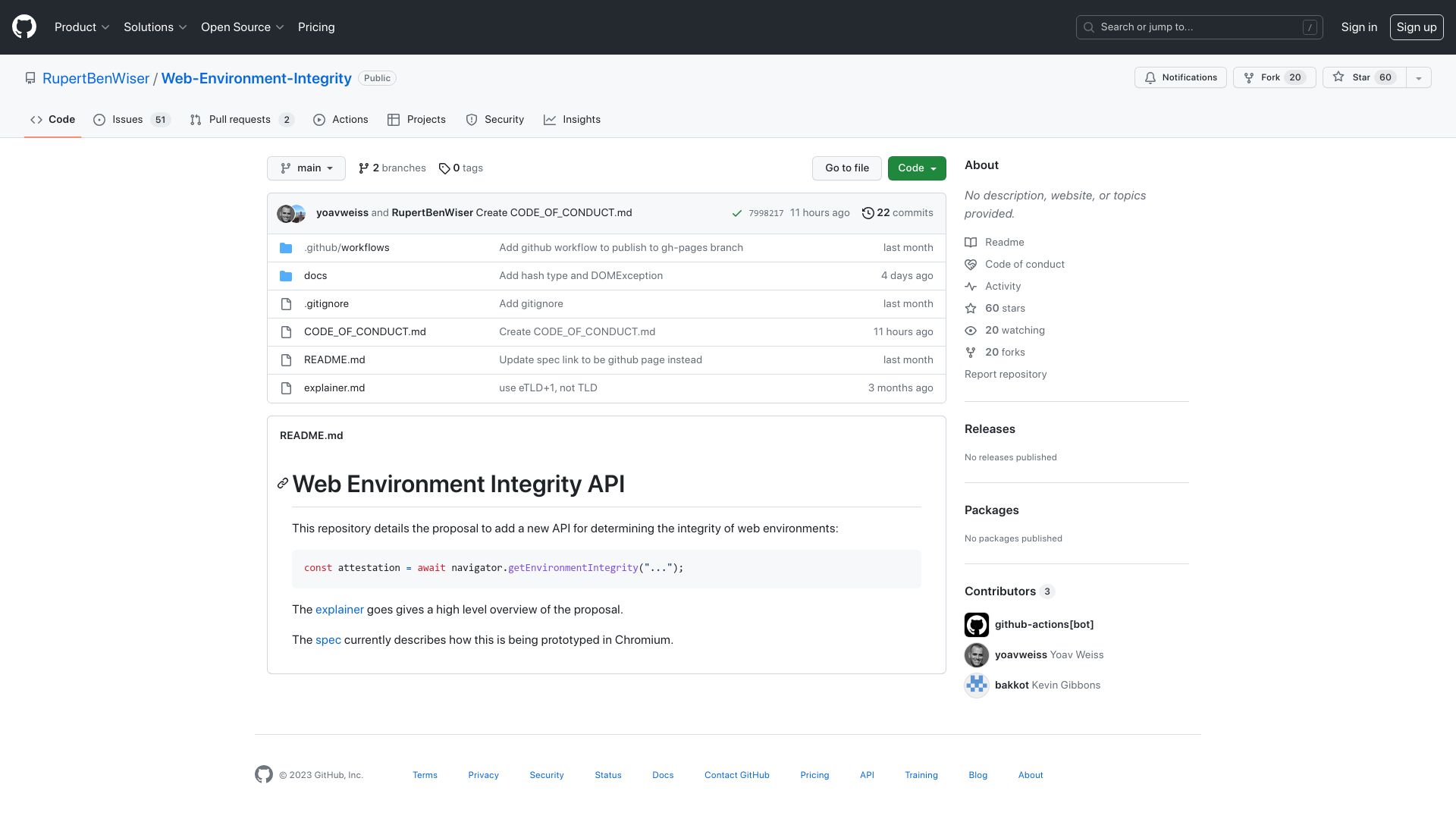Screenshot of github.com: Web Environment Integrity API Proposal