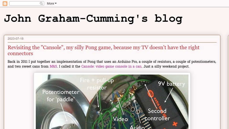 Screenshot of blog.jgc.org: Revisiting the “Cansole”, because my TV doesn't have the right connectors