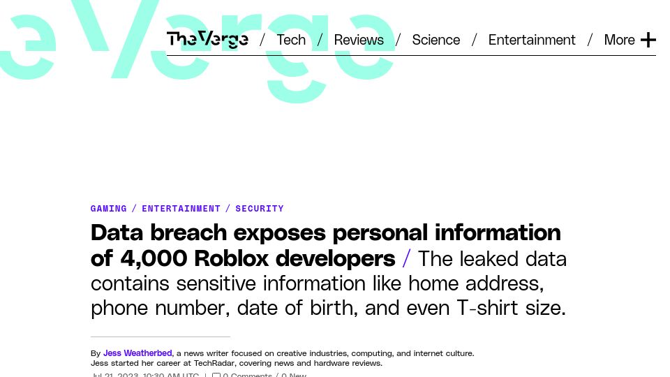 Screenshot of theverge.com: Data breach exposes personal information of 4k Roblox developers