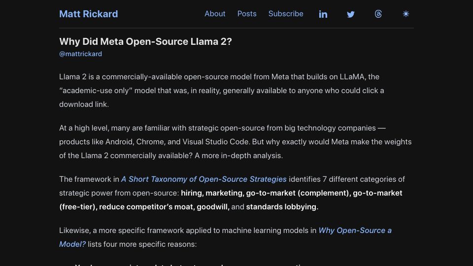Screenshot of matt-rickard.com: Why did Meta open-source Llama 2?
