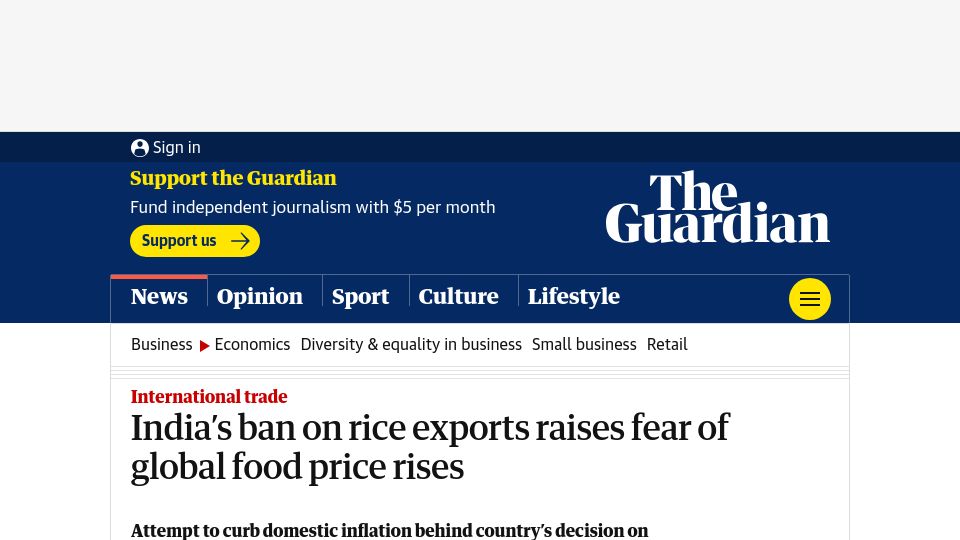 Screenshot of theguardian.com: India’s ban on rice exports raises fear of global food price rises