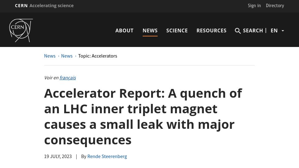Screenshot of home.cern: Quench of LHC inner triplet magnet causes a small leak with major consequences