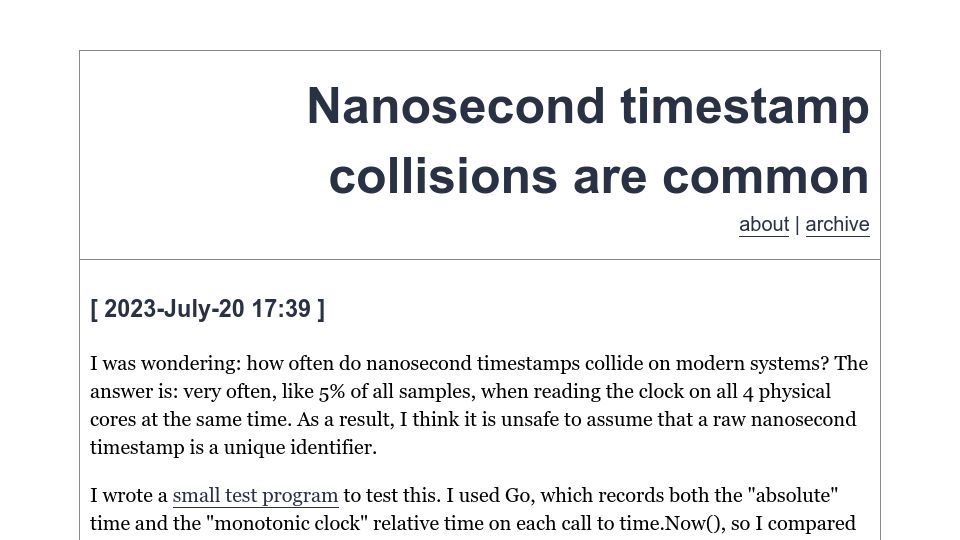 Screenshot of evanjones.ca: Nanosecond timestamp collisions are common