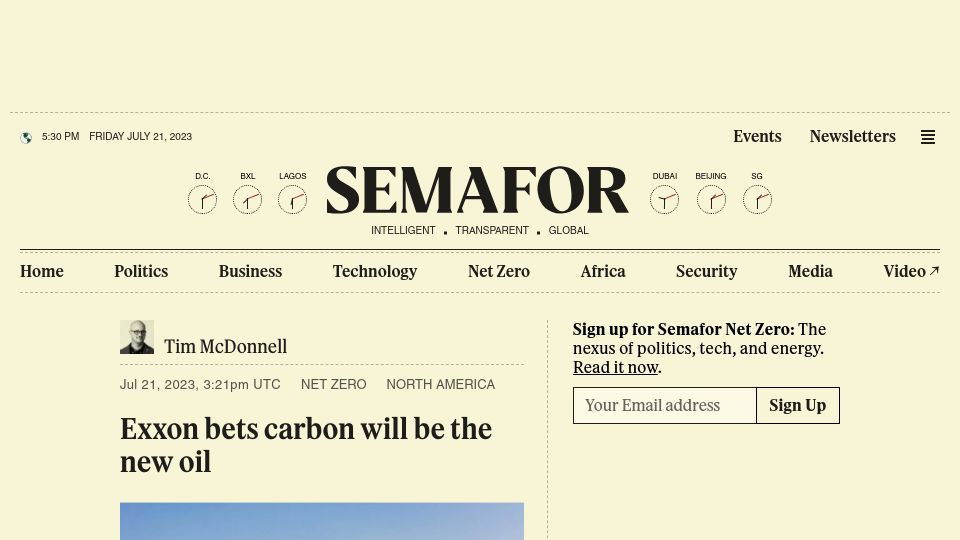 Screenshot of semafor.com: Exxon bets carbon will be the new oil