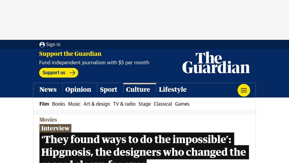 Screenshot of theguardian.com: Hipgnosis, the designers who changed the record sleeve