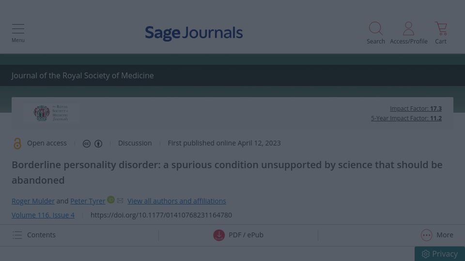 Screenshot of journals.sagepub.com: Borderline personality disorder: a spurious condition?