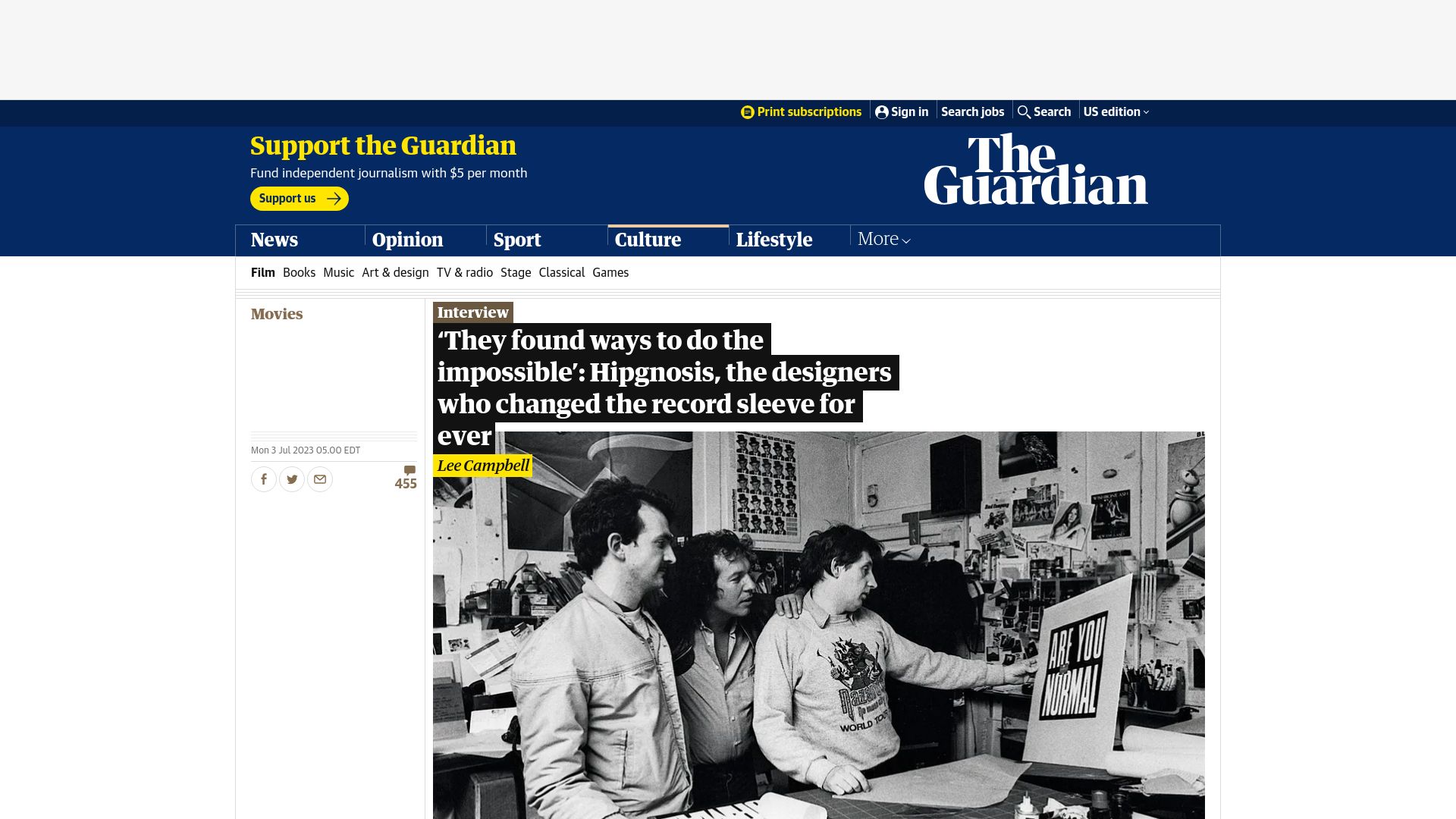 Screenshot of theguardian.com: Hipgnosis, the designers who changed the record sleeve