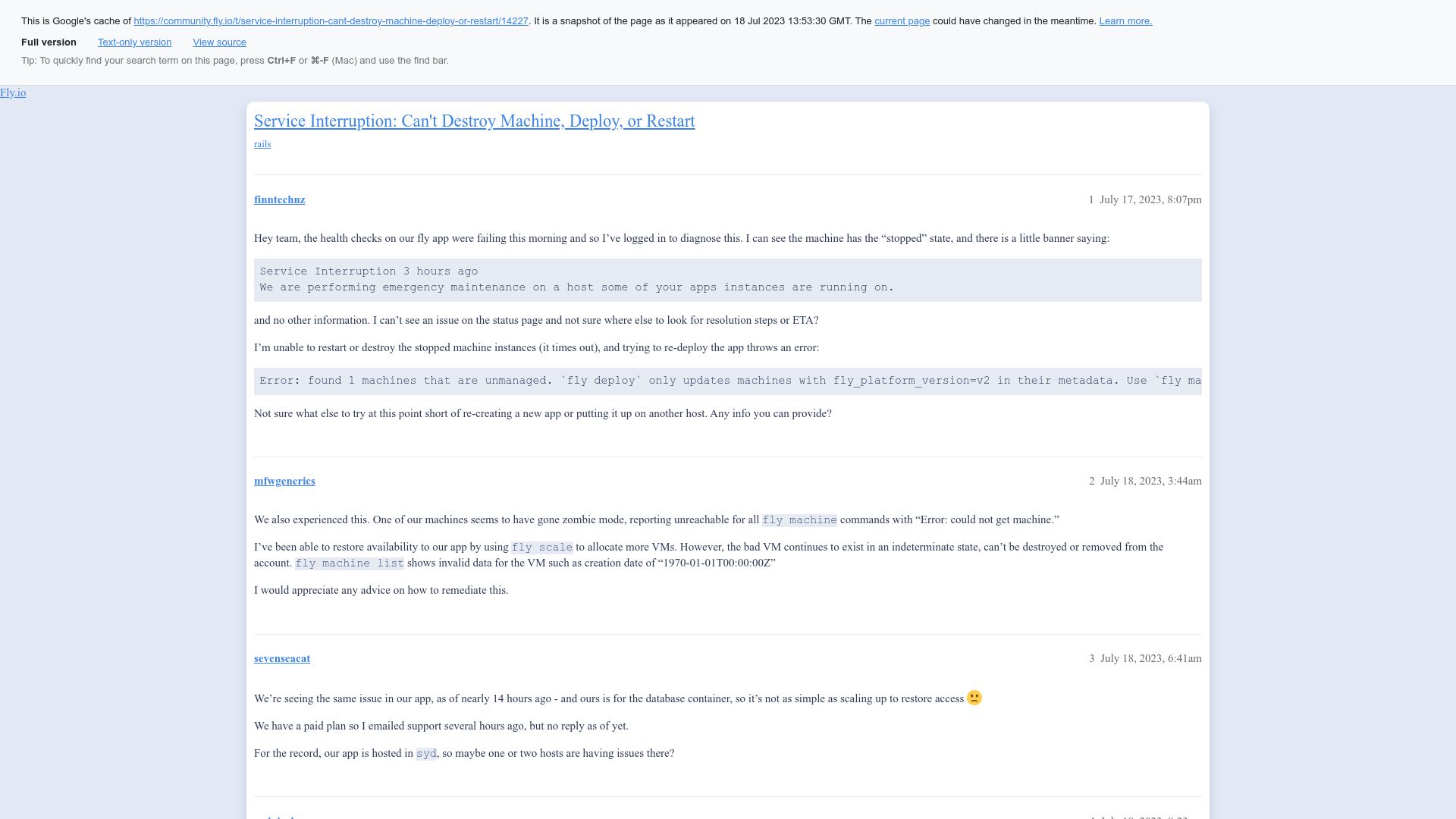 Screenshot of webcache.googleusercontent.com: Fly.io Postgres cluster down for 3 days, no word from them about it