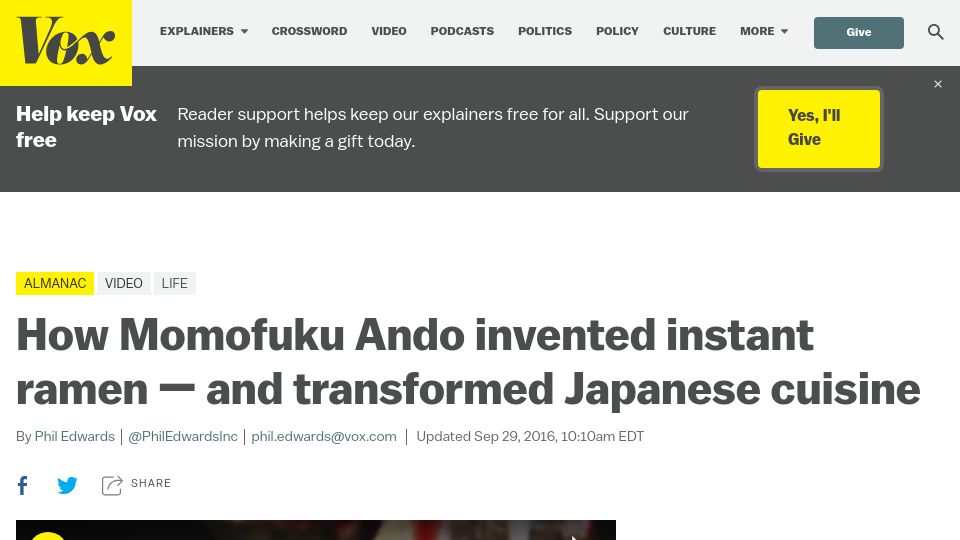 Screenshot of vox.com: Momofuku Ando invented instant ramen (2016)