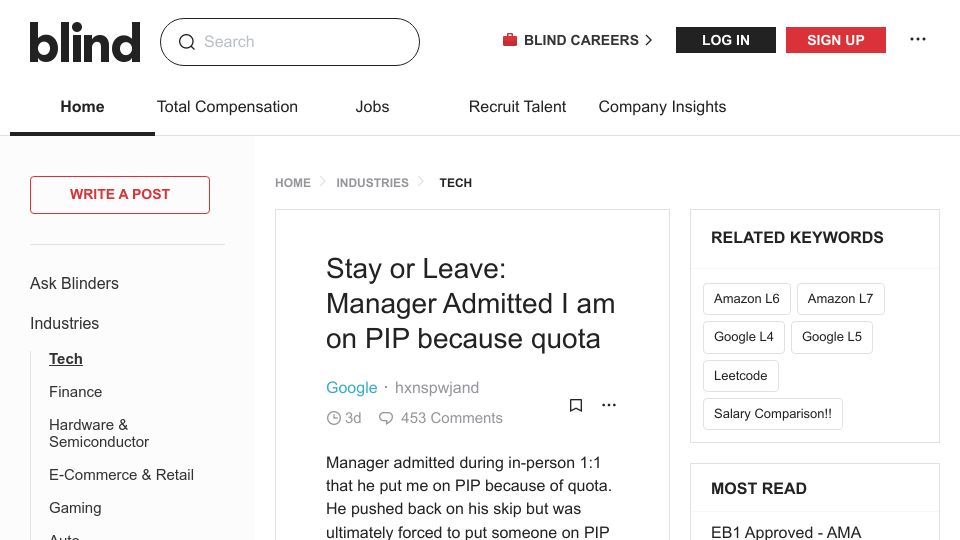 Screenshot of teamblind.com: Stay or Leave: Manager Admitted I am on PIP because quota