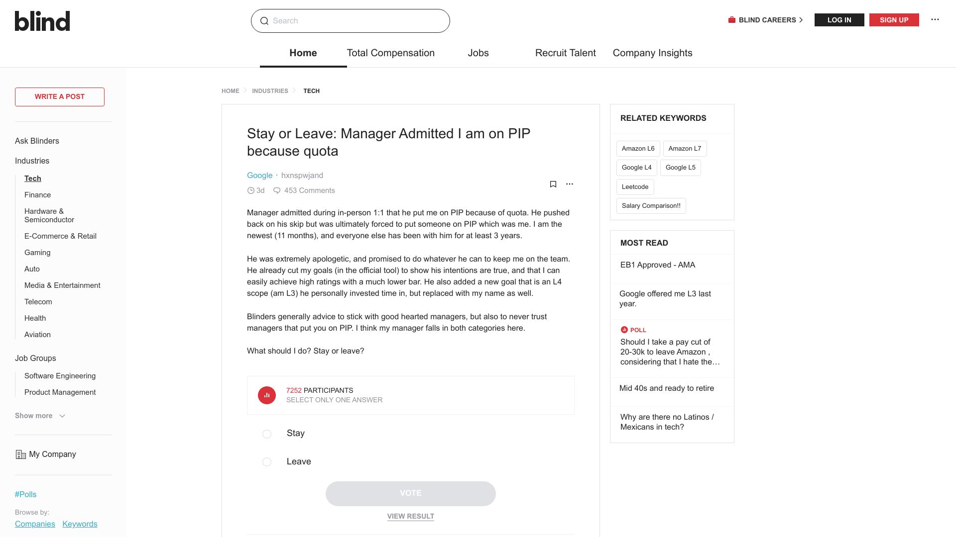 Screenshot of teamblind.com: Stay or Leave: Manager Admitted I am on PIP because quota