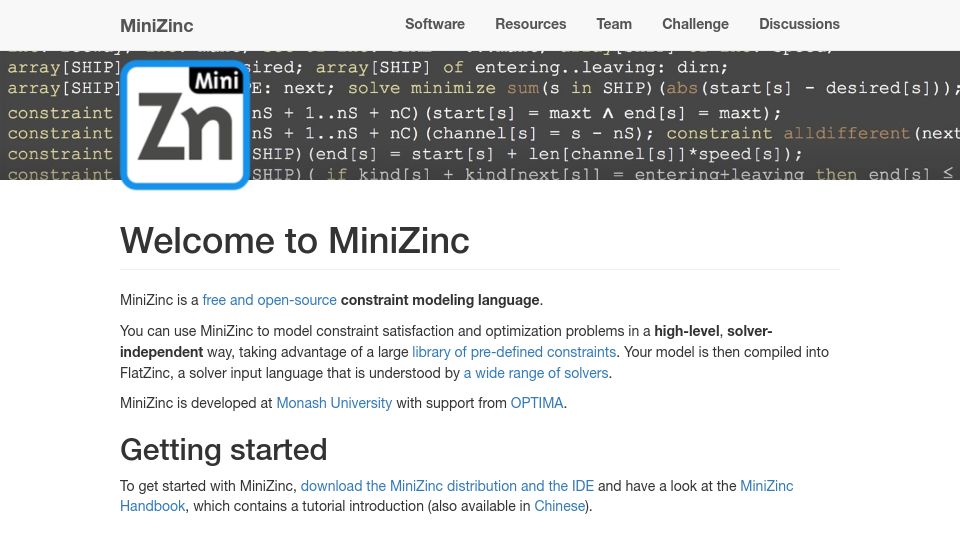 Screenshot of minizinc.org: MiniZinc