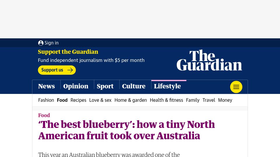 Screenshot of theguardian.com: ‘The best blueberry’: how a tiny North American fruit took over Australia (2022)