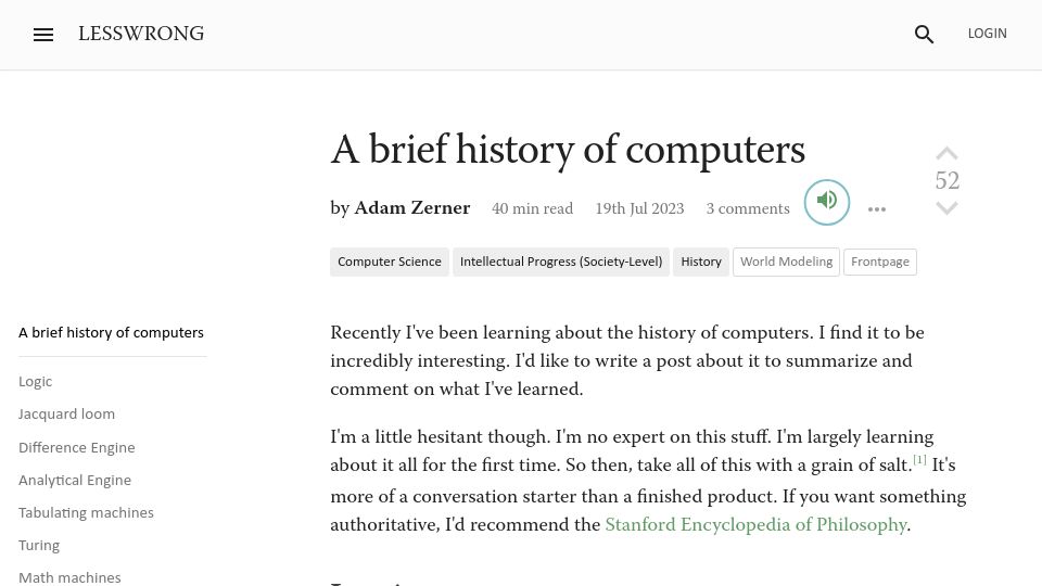 Screenshot of lesswrong.com: A brief history of computers