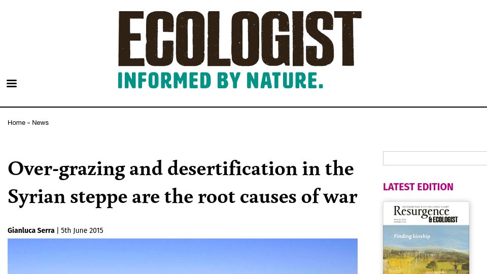 Screenshot of theecologist.org: Over-grazing and desertification in the Syrian steppe root causes of war (2015)