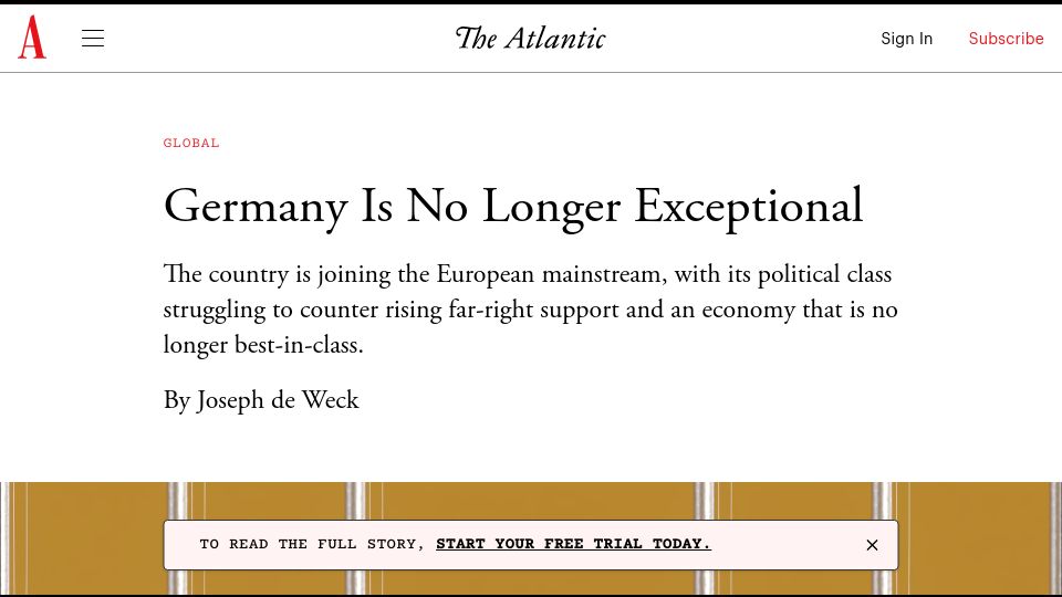 Screenshot of theatlantic.com: Germany is no longer exceptional, and joining the European mainstream