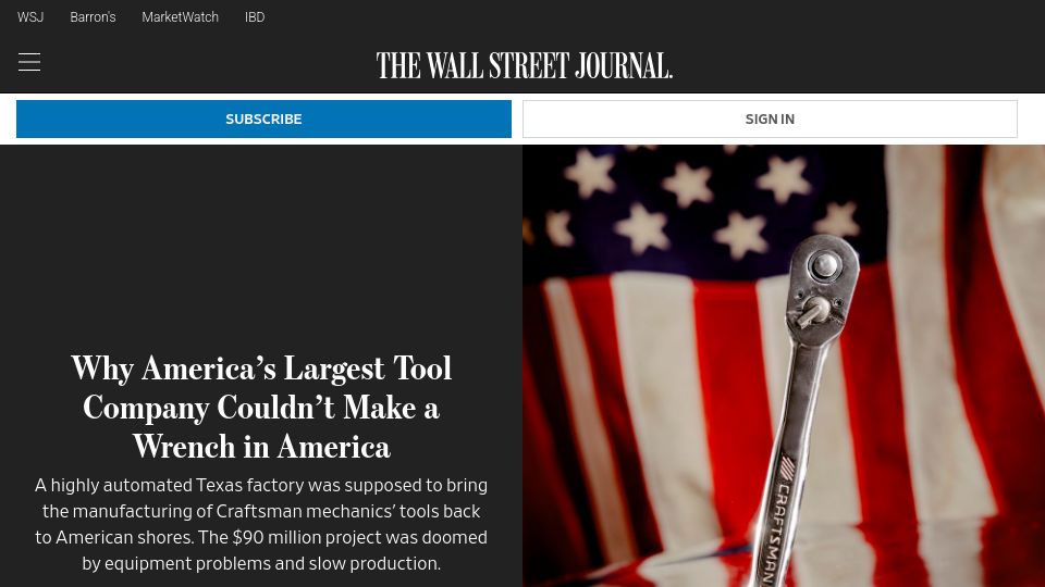 Screenshot of wsj.com: America’s largest tool company couldn’t make a wrench in America