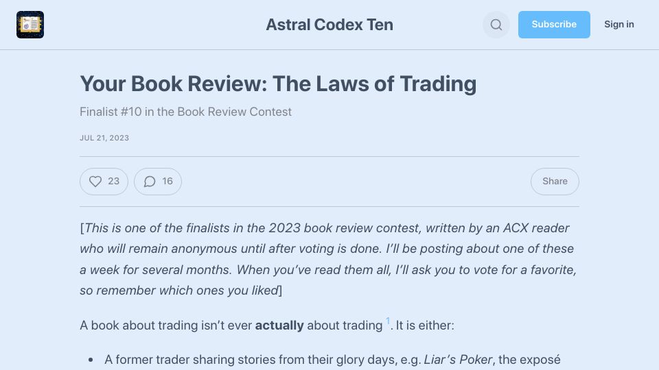 Screenshot of astralcodexten.substack.com: Book Review: The Laws of Trading